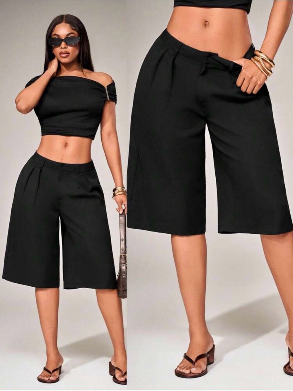 SHEIN Black Wide-Leg Bermuda Capris